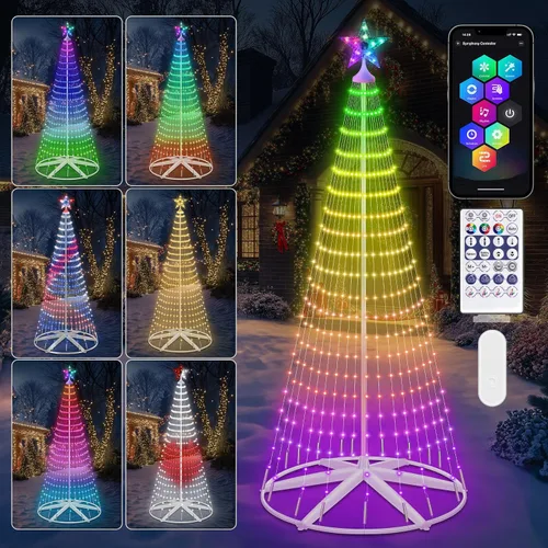 Vista 9 de Árbol de Navidad iluminado con conos, 250 luces LED de 1.8 m con 11 modos de iluminación, temporizador, control remoto, árbol artificial de Navidad