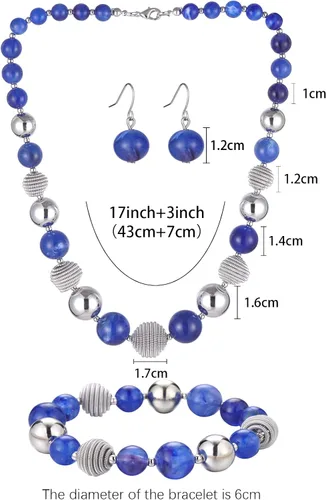 Vista 5 de PEARL&CLUB Juego de collar y pulsera con cuentas gruesas de metal plateado, regalo para el día de la madre para mujeres