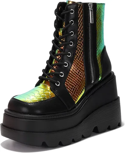 Vista 11 de Cape Robbin Botines de plataforma holográficos para mujeres, tacones gruesos en bloque, punta puntiaguda, cuero PU con correa de hebilla