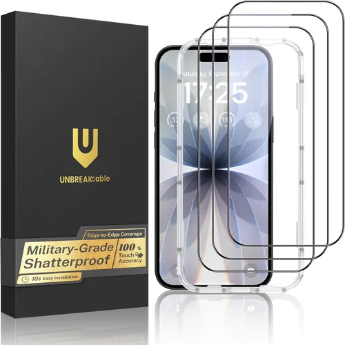 Vista 22 de UNBREAKcable Paquete de 3 protectores de pantalla para iPhone 15, vidrio templado doble a prueba de roturas [marco de instalación fácil]