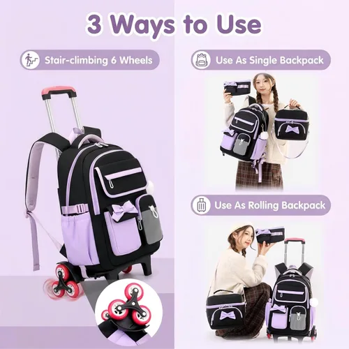 Vista 6 de Mochila con ruedas para niñas, mochila con ruedas para escuela primaria, bolsa de libros con ruedas con 6 ruedas, 3 ruedas negras y azules-6