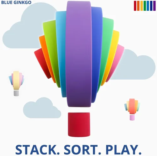 Vista 5 de BLUE GINKGO - Rompecabezas de silicona de arco iris, bloques de construcción de juguetes apilables para bebés, anidación Montessori de extremo