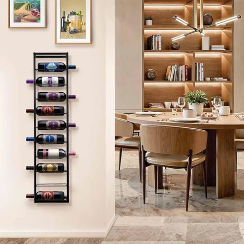 Vista 8 de AQAREA Estante de vino montado en la pared: soporte de metal para 10 botellas de vino - Estante de almacenamiento de vino negro