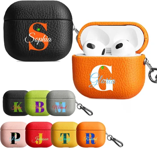 Vista 8 de Funda personalizada con nombre para AirPods Pro, añade tus propias iniciales personalizadas, monograma, funda de lujo de cuero vegano para Air Pods