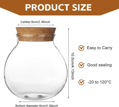Vista 2 de Tarro redondo de vidrio transparente de 16.9 fl oz, con tapón de corcho
