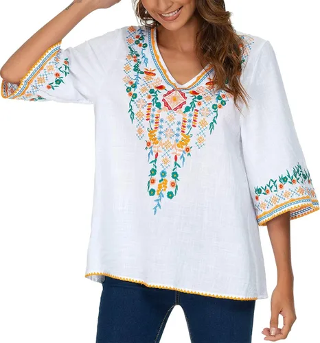 Vista 2 de YZXDORWJ Blusa campesina mexicana bordada con cuello en V para mujer