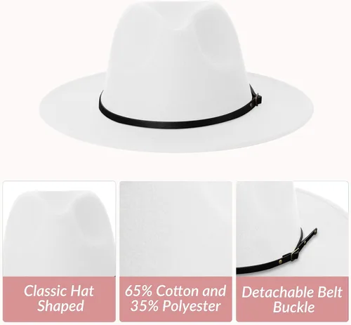 Vista 3 de jingsha Sombreros Fedora para hombres y mujeres de ala ancha Fedora de fieltro de Panamá, sombreros de vestir para hombre con hebilla de cinturón