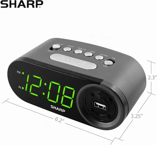 Vista 5 de Reloj despertador digital afilado con carga USB 2A y pantalla LED verde Puerto USB de alta velocidad 2A; LED verdes de fácil lectura; Controles