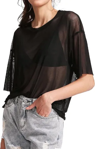 Vista 3 de MakeMeChic - Blusa de malla traslúcida y sexi de mangas cortas para mujer, ideal para el verano