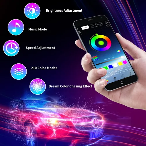 Vista 2 de Luces de neón para automóvil, kit de 6 unidades Dreamcolor Underglow para automóvil con control de aplicación, 210 modos de color y 255 modos