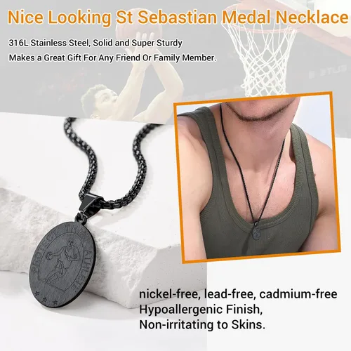 Vista 4 de PROSTEEL Collar de acero inoxidable de San Sebastián medalla de San Sebastián para hombre para béisbol fútbol baloncesto fútbol deportes 22-24
