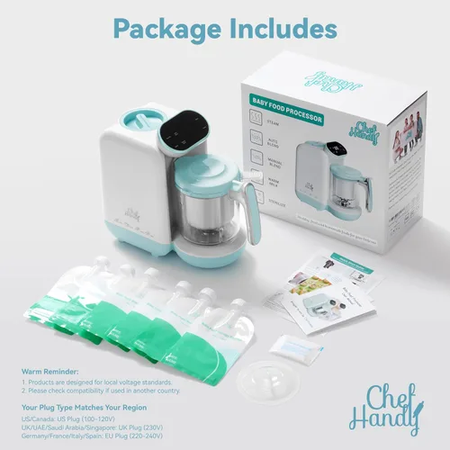 Vista 6 de Chefhandy Máquina de alimentos para bebés, vaporera y licuadora, máquina de puré con mezcla automática/manual, cesta de vapor, calentador