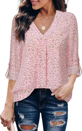 Vista 19 de Youtalia Blusas para mujer, elegantes, informales, de negocios, manga 3/4, de gasa, cuello en V, camisas de trabajo y oficina