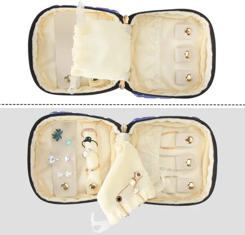 Vista 3 de Teamoy Estuche de joyería de viaje pequeño, portátil, para mujer, aretes, collar, accesorios, caja organizadora, lunares morados