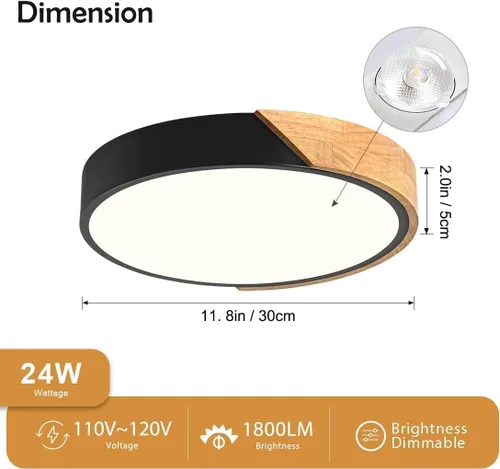 Vista 3 de Moderna lámpara de techo de madera regulable, LED minimalista 5CCT 2700K-6000K, lámpara de techo empotrada, lámpara de iluminación redonda para Negro