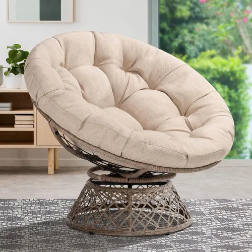 Vista 8 de Bme Silla Papasan ergonómica de mimbre de 40 pulgadas con cojín y marco suaves y gruesos, giro de 360°, círculo, lectura, silla cómoda para sala
