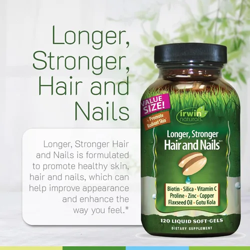 Vista 5 de Irwin Naturals Cabello y uñas más largos y fuertes, promueve una textura y fuerza de brillo vibrante, 120 cápsulas blandas líquidas