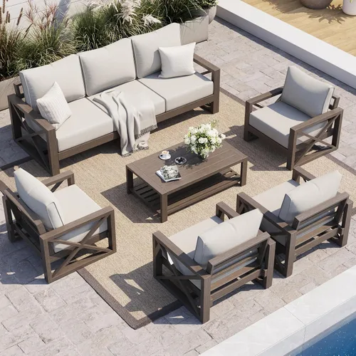 Vista 18 de UDPATIO - Juego de muebles de aluminio para patio al aire libre, grano de madera sintética, 5 piezas, color beige