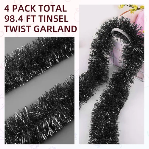 Vista 4 de Guirnalda de oropel negra de 100 pies, guirnalda de oropel de papel de aluminio para Navidad, decoración de pancarta metálica para colgar