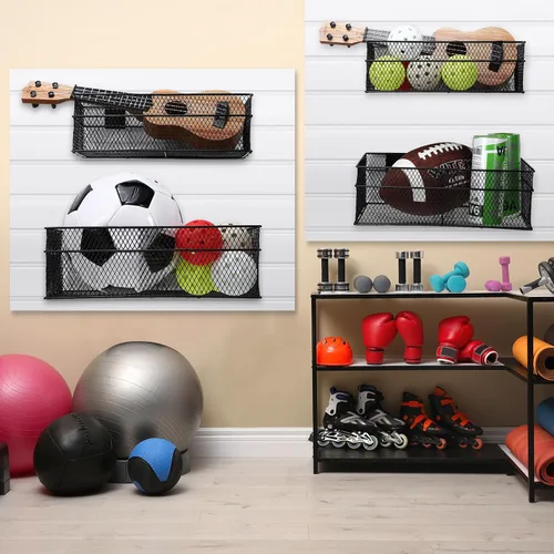 Vista 7 de Barydat Juego de 4 cestas de metal ventilado para colgar en la pared, accesorios de montaje en pared para panel de almacenamiento de garaje, Negro