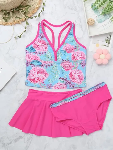 Vista 3 de Hularka Traje de baño tankini de 3 piezas para niños y niñas, parte superior cruzada con parte inferior y faldas para trajes de baño deportivos