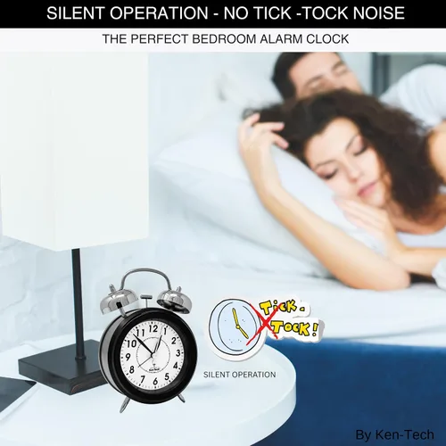 Vista 4 de Reloj despertador Atomic Retro Twin Bell para dormitorios. Reloj despertador fuerte para personas que duermen mucho tiempo perfecto para dormitorio
