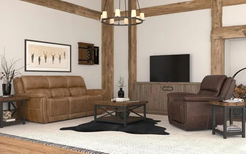 Vista 12 de Flexsteel Mesa de centro industrial rústica, mesa cuadrada de madera de acacia maciza con estante de almacenamiento, muebles de sala de estar