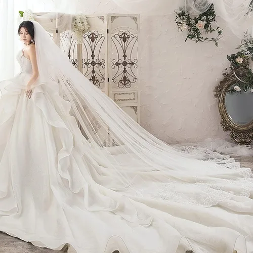 Vista 3 de NCDIMS Newdeve - Velos de boda longitud de la catedral 2 niveles con borde de encaje rubor con peine
