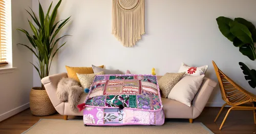 Vista 3 de CRAFT KALA Funda de Puf Tradicional de Retazos Cuadrada India Pufs de Sala de Estar India Otomana de Diseñador Bordada Decorativa Hogar Vida Rosa