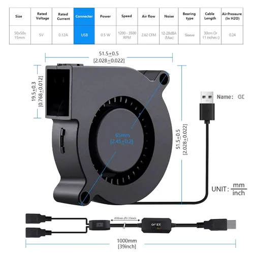 Vista 6 de Wathai - Ventilador USB de 1.969 in x 0.591 in, 5 V, 5015 ventiladores de refrigeración sin escobillas