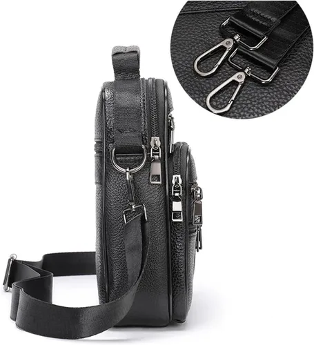 Vista 3 de Maletín de cuero genuino para hombre, bolsa de hombro para oficina de negocios con bolsillos con cremallera, color negro