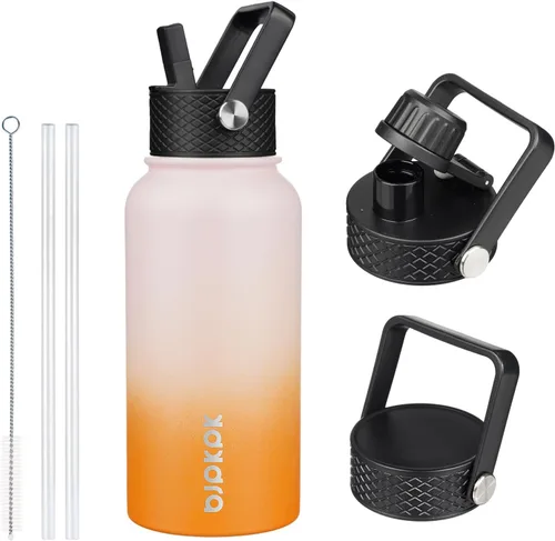 Vista 101 de BJPKPK Botellas de Agua Aisladas con Tapa de Pajita, Botella de Agua de Acero Inoxidable de 18oz, Termo Frío Caliente con 3 Tapas, Vaso de Viaje a