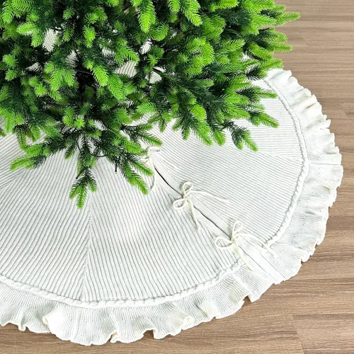 Vista 8 de Suéter de 36 pulgadas con volantes, falda de árbol de Navidad de punto con lazos de encaje, color burdeos