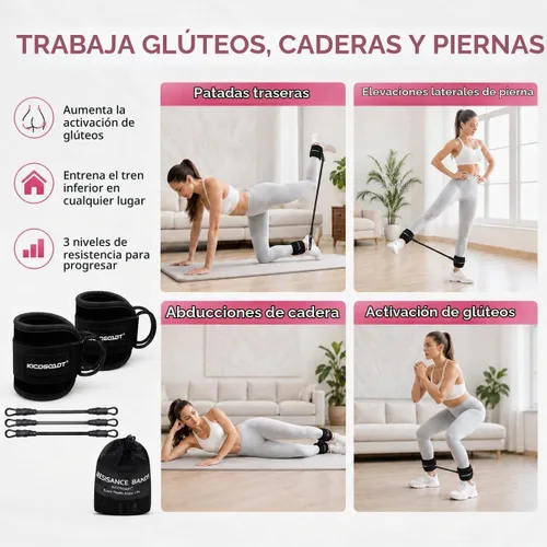 Vista 4 de Ankle Resistance Bands with Cuffs, Natural Latex Tubes, 3 Levels for Leg and Glute Workouts, Padded Ankle Straps for Kickbacks, Hip Training and