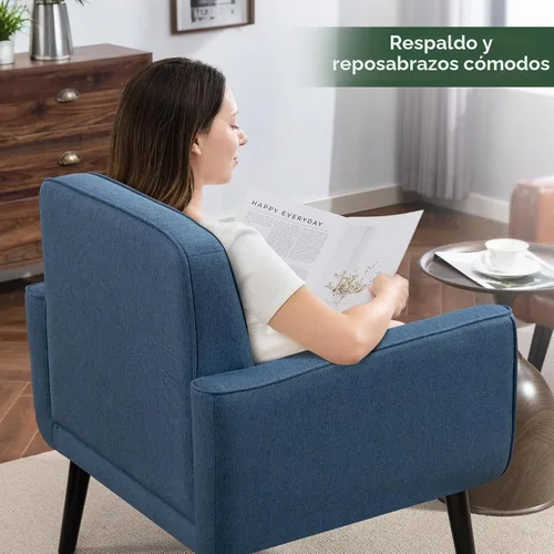 Vista 7 de Silla Accent de mediados de siglo, silla moderna de tela con estructura de madera, sillón acogedor para lectura con respaldo cómodo