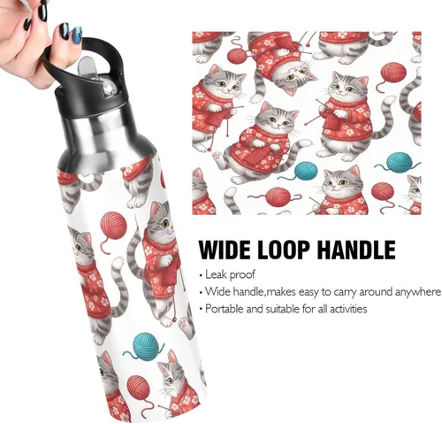Vista 4 de Stainless Steel Water Bottle 32 Oz, Leakproof Water Bottles for Gym Outdoor Travel School, Gray White Cats Red Floral