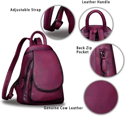 Vista 6 de Mochila de cuero para mujer, estilo vintage, hecha a mano, informal, pequeña mochila