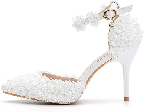 Vista 4 de Sandalias de tacón alto para mujer, con punta cerrada, con encaje floral, correa de perlas de aguja, zapatos de novia, boda, fiesta, 3.74 pulgadas