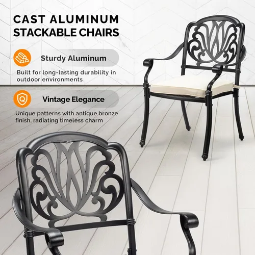 Vista 4 de VINGLI Juego de 2 sillas de patio apilables de aluminio fundido para exteriores con acabado negro vintage y patrón floral, sillones de metal