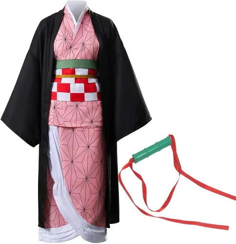 Vista 2 de Kamado Nezuko - Disfraz de anime Haori para mujeres y niñas con accesorios de bambú gratis