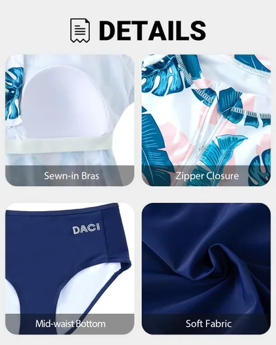 Vista 3 de Daci Traje de baño de 2 piezas para mujer, manga larga, cremallera, con parte inferior, brasier integrado, UPF 50