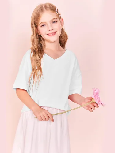 Vista 2 de Camiseta de verano de gran tamaño para niñas, de manga corta, holgada, informal, de algodón
