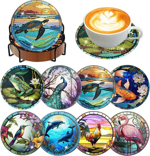 Vista 41 de Meothan Juego de 8 posavasos de arte de diamante para adultos con soporte, almohadillas de corcho, posavasos de arte de puntos de diamante de vidrio