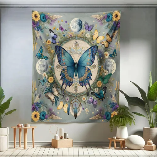 Vista 135 de Ambesonne Tapiz bohemio, diseño floral de bruja, luna y mariposa con adornos de mandala, decoración de tela para colgar en la pared para dormitorio