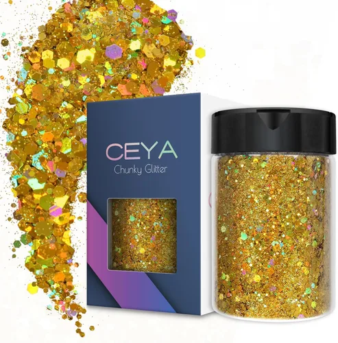 Vista 19 de Ceya Brillantina gruesa holográfica, 1 libra/16 onzas, oro diamante a granel, purpurina mixta gruesa y fina embotellada con lentejuelas metálicas