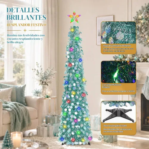 Vista 7 de Árbol de Navidad desplegable de 5 pies con estrella superior iluminada, azul aguamarina Aqua Blue