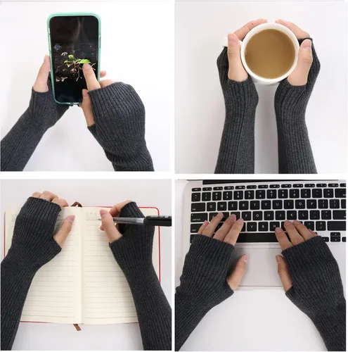 Vista 8 de Facecozy Calentadores de brazos para mujer, mezcla de lana de cachemira, guantes largos sin dedos para mujer, guantes para clima frío con agujero