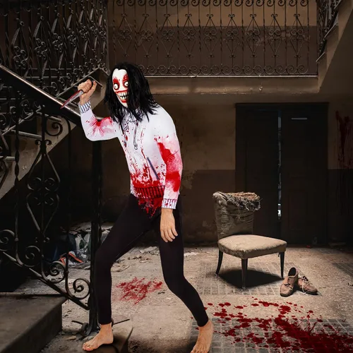 Vista 7 de Disfraz de Jeff el asesino, disfraces de Halloween aterradores para hombres y mujeres, incluye máscara de Jeff el asesino, cuchillo sangriento
