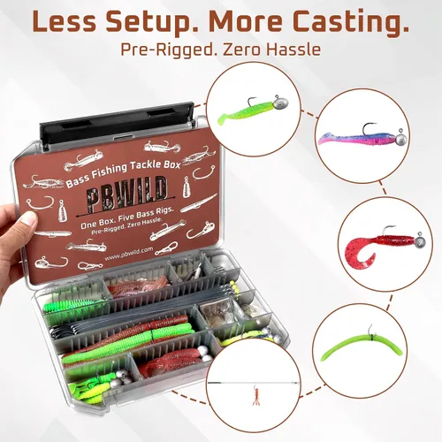 Vista 4 de Kit de caja de aparejos, sistema de 5 aparejos pre-aparejos para pesca de lubina Rock-Fishing, Jigheads, Neko, Wacky, Dropshot Rigs, 59 Piezas