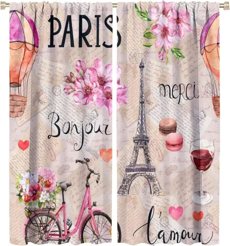 Vista 17 de Cortinas de la Torre Eiffel de París, pintura al óleo, flores moradas, torres de ciudad, con bolsillo para barra, cortinas de ventana